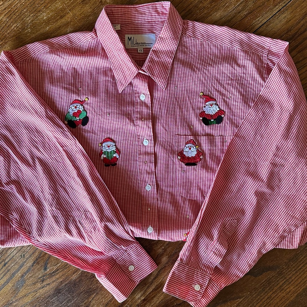 Mili Designs Red Christmas Gingham Santa Embellished Button Up Shirt Sz 1X - Picture 10 of 11
